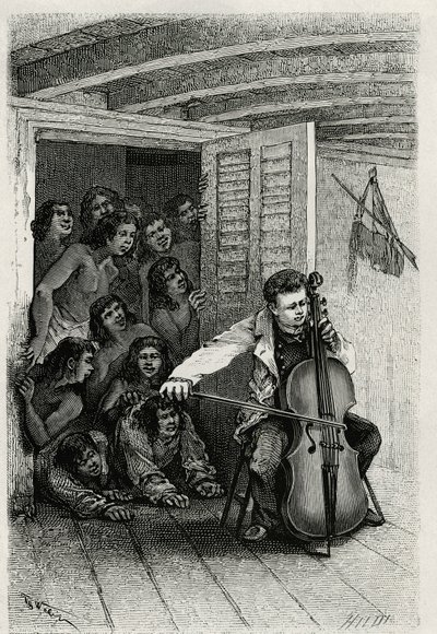 Portrait of the traveller author, playing the cello and attracting an audience of curious. Engraving by Th.Weber, to illustrate the story “” Les Iles Wallis””, by Dr. Emile Deschamps, physician major at the 80th infantry. Published in Le Tour du monde, nou 作者 西奥多·韦伯