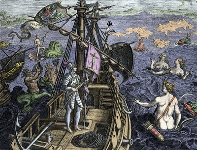 Allegorie des voyages de Christopher Columbus (1451-1506), engraving from "Historia Americae sive Novi Orbis" by Theodor de Bry (1527-1598), Amsterdam 1594 作者 西奥多·德布瑞