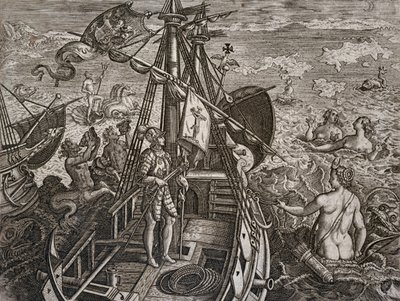 克里斯托弗-哥伦布发现新世界之旅的寓言，西奥多-德-布莱（1528-1598）的雕刻作品 作者 西奥多·德布瑞