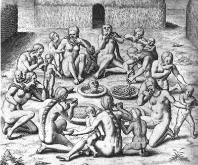 食人族餐。南美洲的食人族--在 "Admirante Narratio Americae "中，由Théodore de Bry撰写。 作者 西奥多·德布瑞