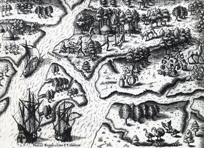 1564年法国人抵达皇家港，由Theodor de Bry（1528-1598）根据Jacques le Moyne de Morgues（约1533-1588年之前）的画作绘制，雕刻。 作者 西奥多·德布瑞