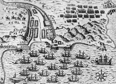 1585年11月27日对圣地亚哥的攻击（雕版画 作者 西奥多·德布瑞