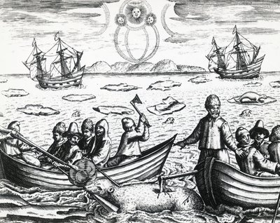 1596年威廉-巴伦支（约1550-1597年）率领的第三次寻找东北航道的探险中的极光和白熊狩猎，由西奥多-德-布莱（1528-1598年）绘制，雕版画 作者 西奥多·德布瑞