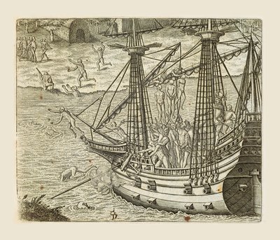 巴托洛梅奥-迪亚斯将一些印第安人挂在船桅上，西奥多-德-布莱（1528-1598）的雕刻，出自Americae pars quarta, sive, Insignis et admiranda historia de reperta primum Occidentali India Christophoro Columbo, by Girolamo Benzoni 作者 西奥多·德布瑞