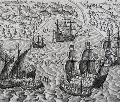 孟加拉湾马蒂克城前的战斗，雕刻自Indiae Orientalis，作者Theodor de Bry（1528-1598）。 作者 西奥多·德布瑞
