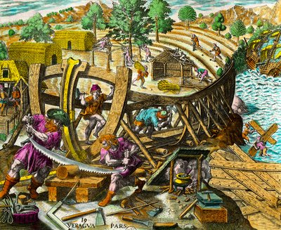 为西班牙航海家Vasco Nunez de Balboa (1475-1517)建造一艘船。 雕刻自Theodore de Bry (1528-1598)的《美洲历史》，16世纪。私人收藏 作者 西奥多·德布瑞
