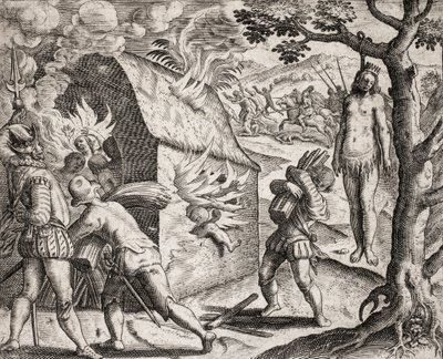 描述西班牙定居者对印第安人犯下的罪行--征服者烧毁印第安人的村庄。绞刑--西奥多-德-布莱在巴托洛梅-德拉斯-卡萨的 "Narratio regionum indicarum per Hispanos quosdam devastatarum verissima "中的雕刻。 作者 Theodore de Bry