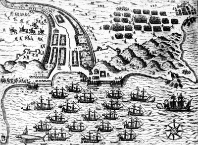 德雷克于1585年在佛得角岛俘获了 "圣贾科莫 "号船，由德-布莱负责。 作者 西奥多·德布瑞