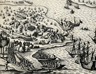 荷兰沿莫桑比克海岸的探险，Theodor de Bry（1528-1598）的India orientalis版画。 作者 西奥多·德布瑞