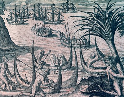 麦哲伦海峡的荷兰船只，雕刻自西奥多-德-布莱（1528-1598）的《美国历史》，法兰克福 作者 西奥多·德布瑞