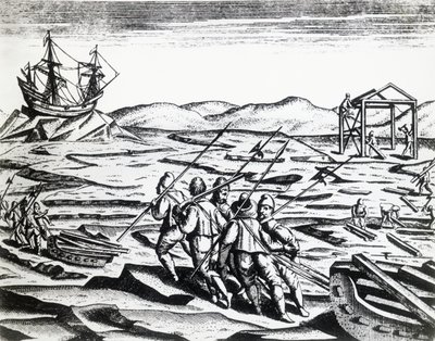 威廉-巴伦支（约1550-1597年）率领的寻找东北通道的探险队，出自Theodor de Bry（1528-1598年）的Peregrinationes，雕版画。 作者 西奥多·德布瑞