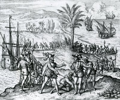 弗朗西斯科·德·博瓦迪利亚（Francisco de Bobadilla）作为总督抵达克里斯托弗·哥伦布（1451-1506），在伊斯帕尼奥拉，1500年，1590年 作者 Theodore de Bry
