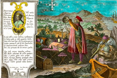 美国的历史。亚美利哥-韦斯普奇（Americaus Vespucius）（1451/1454-1512），意大利商人和航海家，使用他的星盘测量南十字星。意大利诗人但丁-阿利吉耶里（1265-1321）的左面肖像和他的第一首歌曲的段落。 作者 西奥多·德布瑞