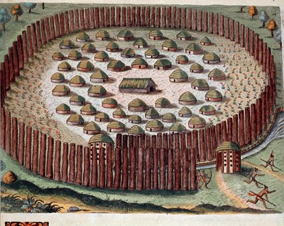 美洲历史："佛罗里达州印第安人村落的代表"，来自西奥多-德-布莱（1528-1598）"Admirante Narratio Americae "的版画。 作者 西奥多·德布瑞