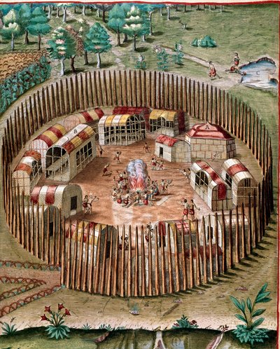 美洲历史："1585年弗吉尼亚州波米奥克（Pomeiock）或波米奥克（Pomeiooc）防御城市的代表"，来自西奥多-德-布莱（1528-1598）"Admirante Narratio Americae "的版画。 作者 西奥多·德布瑞