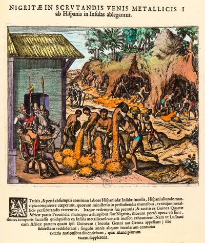 美国的历史。西班牙人开采金矿。印第安人在定居者的眼前工作。西奥多-德-布莱（1528-1598）的版画。16世纪 私人收藏 作者 西奥多·德布瑞