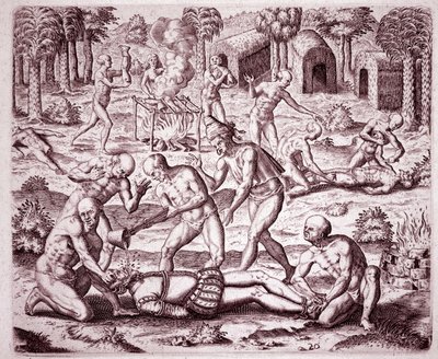 美洲历史：描述了印第安人对西班牙定居者施加的酷刑，将黄金倒入他们的嘴里，并切割他们的肢体来吃（雕刻 作者 西奥多·德布瑞