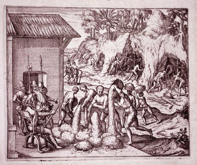 美国历史：西班牙人开采金矿（雕刻版 作者 西奥多·德布瑞