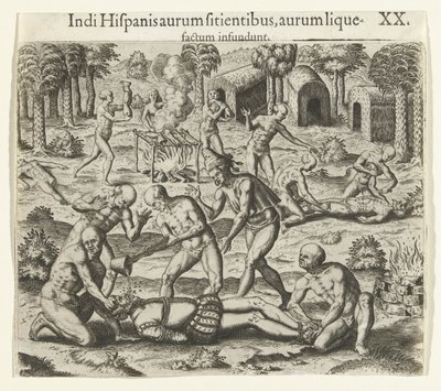 1594年，印第安人将液态黄金倒入西班牙人的嘴里。 作者 西奥多·德布瑞