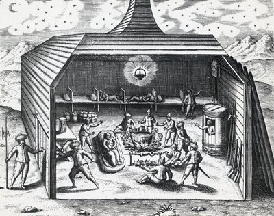 威廉-巴伦支（约1550-1597年）在俄罗斯新泽姆利亚群岛的冬季住宅内部，由西奥多-德-布莱（1528-1598年）绘制，版画 作者 西奥多·德布瑞