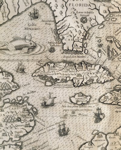 古巴岛、佛罗里达和墨西哥湾，来自《美国大航海史》的雕刻品 作者 西奥多·德布瑞