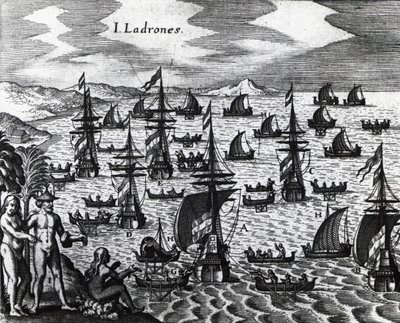 盗贼之岛（Islas de los Ladrones，今天的马里亚纳群岛），雕刻自Peregrinationes，作者Theodor de Bry（1528-1598）。16世纪 作者 西奥多·德布瑞