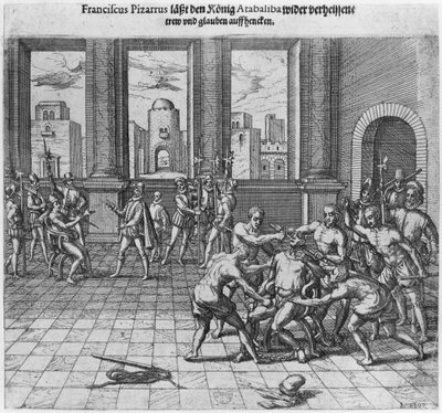 Atahualpa国王（约1502-33）按照Francisco Pizarro的命令在卡哈马卡执行，1533年 作者 西奥多·德布瑞