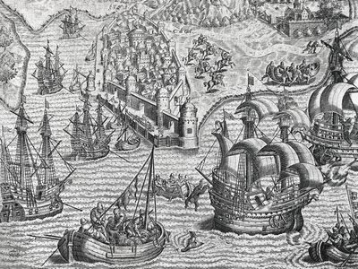 海战，西奥多-德-布莱（1528-1598）的《美国历史》中的雕刻，法兰克福 作者 西奥多·德布瑞
