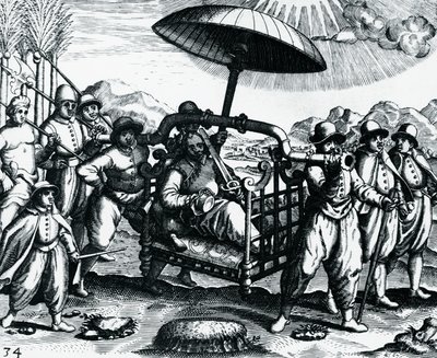葡萄牙人在印度，被运送到轿子上，雕刻自Peregrinationes，由Theodor de Bry（1528-1598）创作，印度 作者 西奥多·德布瑞