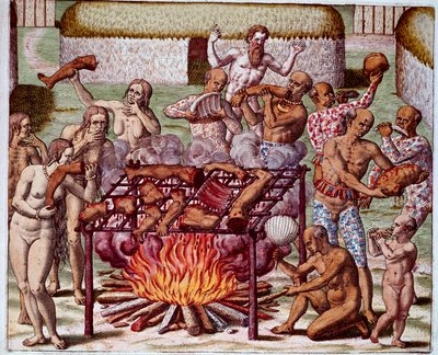 巴西的食人场景 印第安人吞噬他们的敌人和囚犯。西奥多-德-布莱（1528-1598）的 "Admirante Narratio Americae "中的版画。 作者 西奥多·德布瑞