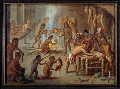 1644 年巴西的食人场景 印第安人吞噬了他们的敌人和囚犯。 Jan van Kessel dit le vieux (1626-1679) (ec.flam.) 的绘画，描绘了西奥多·德·布赖 (Theodore de Bry) 到巴西的旅程。 太阳。 0,18x0,24 m 拉罗谢尔，博物馆 d 作者 西奥多·德布瑞