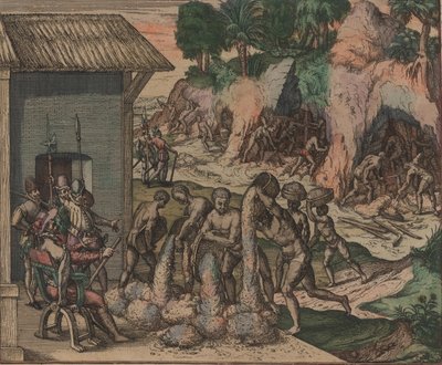 奴隶在欧洲士兵面前倒矿石。在后台，奴隶在地雷工作，1595年。 作者 西奥多·德布瑞