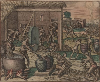 奴隶加工甘蔗制成糖，1595年。 作者 西奥多·德布瑞
