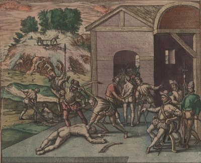 西班牙士兵观察并实施对奴隶的惩罚，1595年。 作者 西奥多·德布瑞