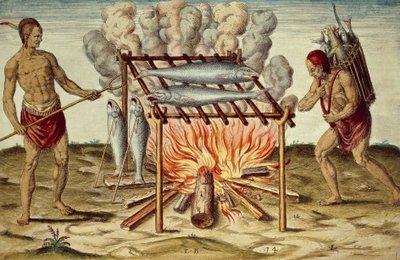 泰诺族人煮鱼，西奥多-德-布莱（1528-1598）根据约翰-怀特的画作绘制的彩色版画，选自《弗吉尼亚新发现土地的简要和真实报告》。 作者 西奥多·德布瑞