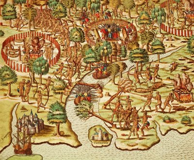 围攻和攻击的技术，Theodor de Bry（1528-1598）的雕刻，来自Americae tertia pars。 作者 西奥多·德布瑞