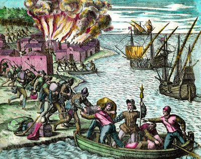 法国人掠夺并烧毁奇奥兰市 雕刻自西奥多-德-布莱（1528-1598）的《美洲史》 16世纪 私人收藏品 作者 西奥多·德布瑞