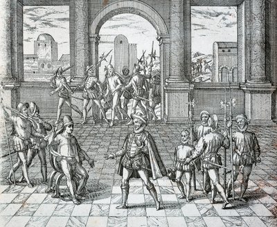 印加国王Atahualpa在Cajamarca被西班牙人俘虏，《美国历史上的幻觉》，Theodore de Bry著 作者 西奥多·德布瑞