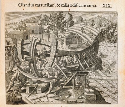 西班牙人在新大陆建造他们的第一艘船，西奥多-德-布莱（1528-1598）的雕刻作品，出自Americae pars quarta, sive, Insignis et admiranda historia de reperta primum Occidentali India Christophoro Columbo, by Girolamo Benzoni 作者 西奥多·德布瑞