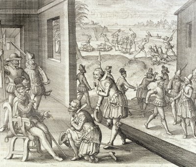 1565年的西班牙捕获堡卡罗琳来自约翰·路德维希·戈特弗里德的“新世界和美国历史”，由法兰克福的Mattaeus Merian出版，1631年 作者 Theodore de Bry