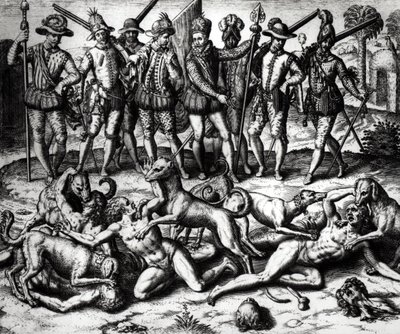 Vasco Nunez de Balboa（1475-1571）的狗攻击印第安人 作者 西奥多·德布瑞