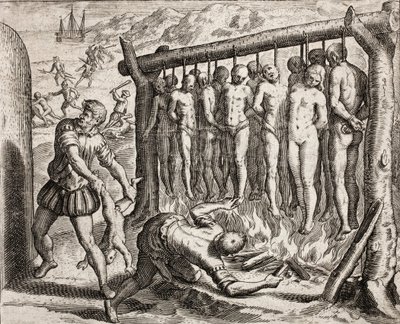 13名被吊死和烧死的受害者，描述了西班牙定居者对印第安人犯下的罪行，出自《西班牙人的区域描述》（Narratio regionum indicarum per Hispanos quosdam devastatarum verissima）；作者：巴托洛梅-德拉斯-卡萨斯（雕刻）。 作者 西奥多·德布瑞