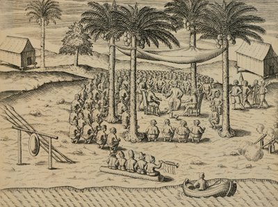 非洲原住民的欢迎，Antonio Pigafetta的Indiae Orientalis插图，Theodore de Bry的作品。 作者 西奥多·德布瑞