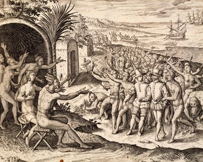 欢迎荷兰人，雕刻自Theodor de Bry（1528-1598）的作品India orientalis，印度尼西亚。 作者 西奥多·德布瑞