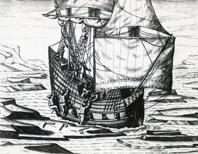 威廉-巴伦支（约1550-1597）的船在荷兰第三次寻找东北通道的探险中，由Theodor de Bry（1528-1598）雕刻。 作者 西奥多·德布瑞