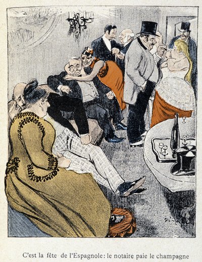 Filles et Marlous：这是西班牙人的盛宴：公证人支付香槟 - 在“Dans la vie”中，Steinlen 1901 年（与第 27695 号图纸相同） 作者 西奥菲勒·亚历山大·斯坦伦