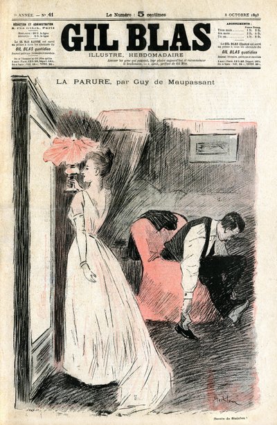 盖伊·德·莫泊桑的短篇小说“The Parure”的 Steinlen 插图。 Loisel 夫人看着镜子里的自己，而她的丈夫则脱掉她的鞋子。 她发现她丢失了她的朋友福尔斯夫人借给她的项链（钻石河） 作者 西奥菲勒·亚历山大·斯坦伦