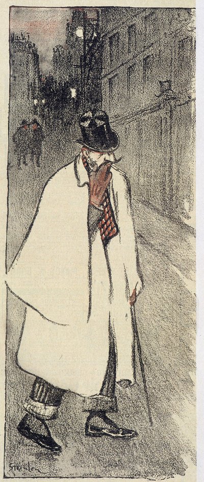上衣穿大衣走在街上的男人——1894 年 11 月的“”Gil Blas” 作者 西奥菲勒·亚历山大·斯坦伦