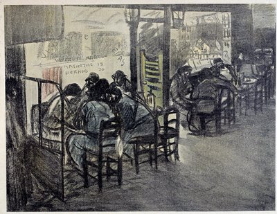 在咖啡馆的露台上（橱窗上写着“苦艾酒 15”、“Pernod 20”） Theophile Alexandre Steinlen (1859-1923) 绘画 20 世纪巴黎，Musee Carnavalet 作者 西奥菲勒·亚历山大·斯坦伦