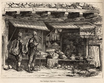 Erzeroum（亚美尼亚）的一家杂货店，由作者绘制，描绘了在拉齐斯坦和亚美尼亚的旅程，由 Theophile Deyrolles 于 1869 年出版，发表于 1875 年的“Le tour du monde””，由 Edouard Charton 编辑， 阿歇特版，巴黎。 作者 西奥菲尔·路易斯·德罗尔